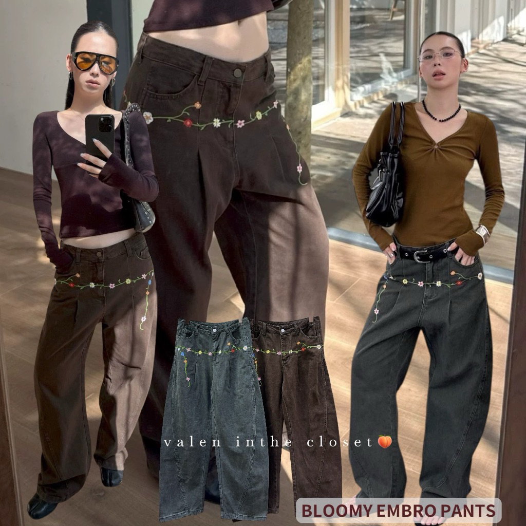 MMFISH BLOOMY EMBRO PANTS กางเกงยีนส์ขายาว ปักลายดอกไม้รอบเอว ลุคสวยน่ารัก