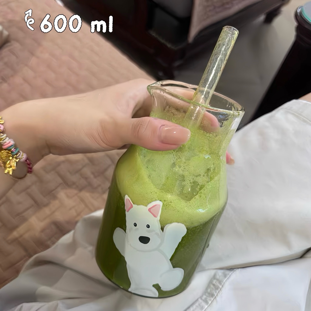 แก้วน้ำ พร้อมหลอด ลายการ์ตูน วัสดุแก้ว 600 ml ทนความร้อน น่ารักมาก พร้อมส่ง
