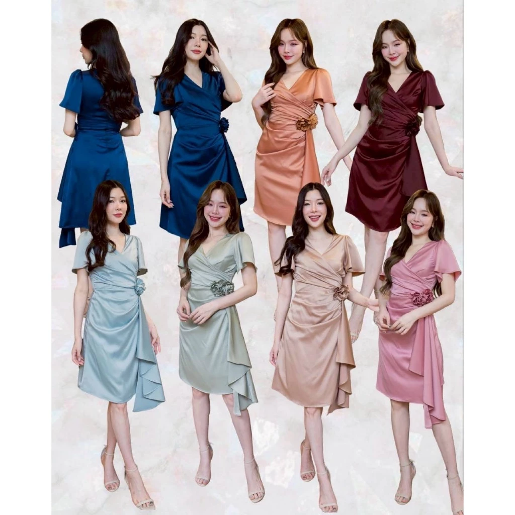 ชุดออกงาน ชุดเพื่อนเจ้าสาว koolykool(พร้อมส่ง S-4XL) คอวีป้ายจีบเอวกระโปรงสั้นสไบข้างแถมเข็มกลัดดอกไม้2ดอก CR00