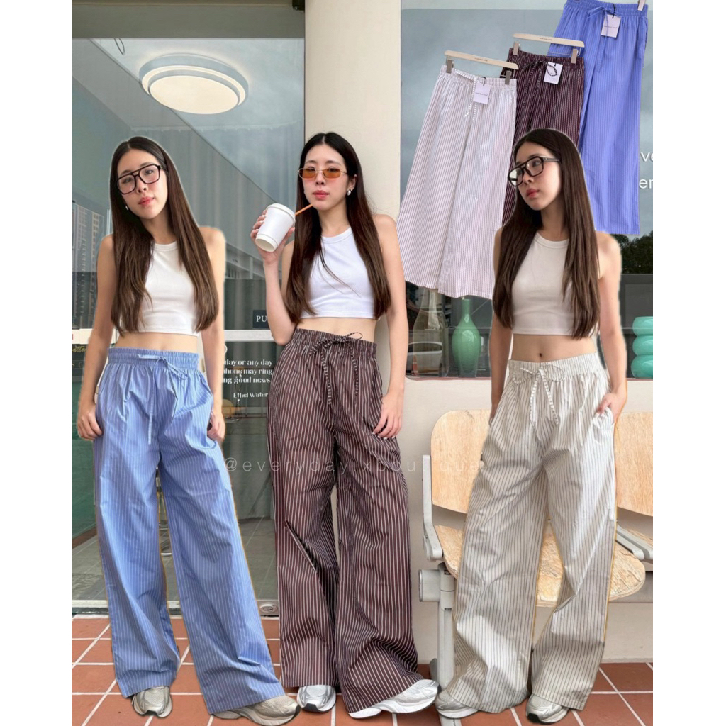 Stripe pant🤍🩵🤎(390฿) กางเกงขายาวทรงกระบอกใหญ่ ผ้าคอตต้อนลายริ้ว สไตล์เกาหลี เอวยืดเชือกรูด มีกระเป๋าข้าง ใส่สบาย valen