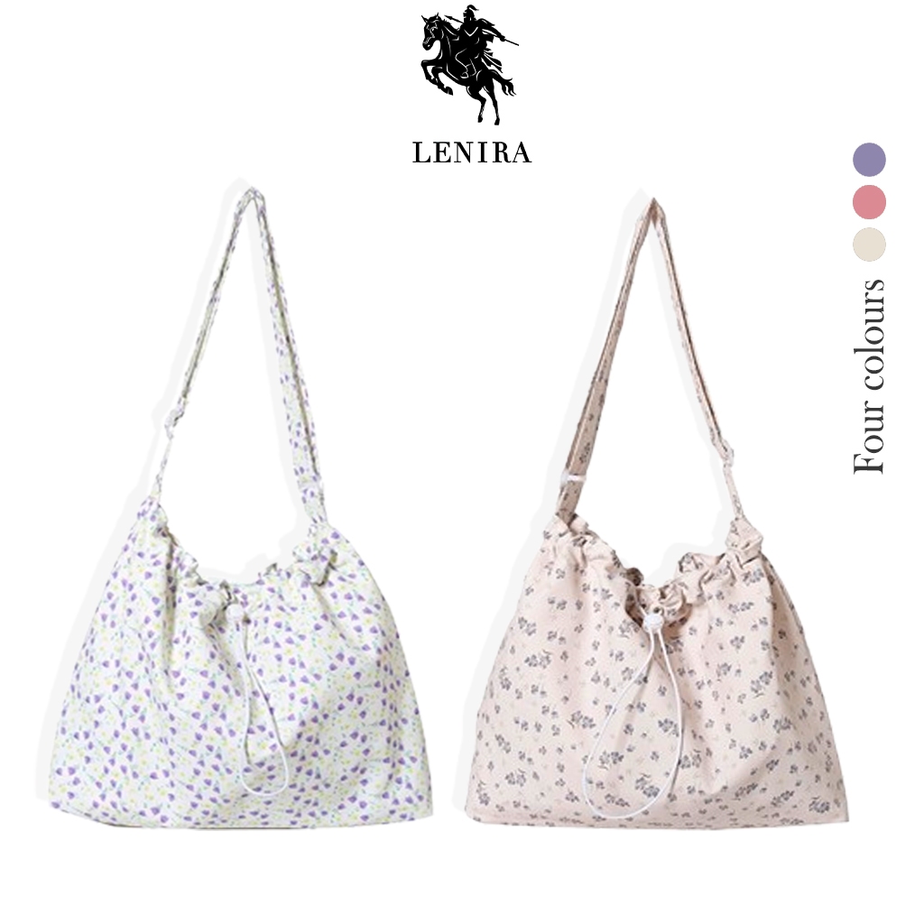 Lenira (B2066) กระเป๋าสะพายข้างผ้าไนล่อนลายดอกไม้-ปากกระเป๋ารูดเป็นทรงขนมจีบ