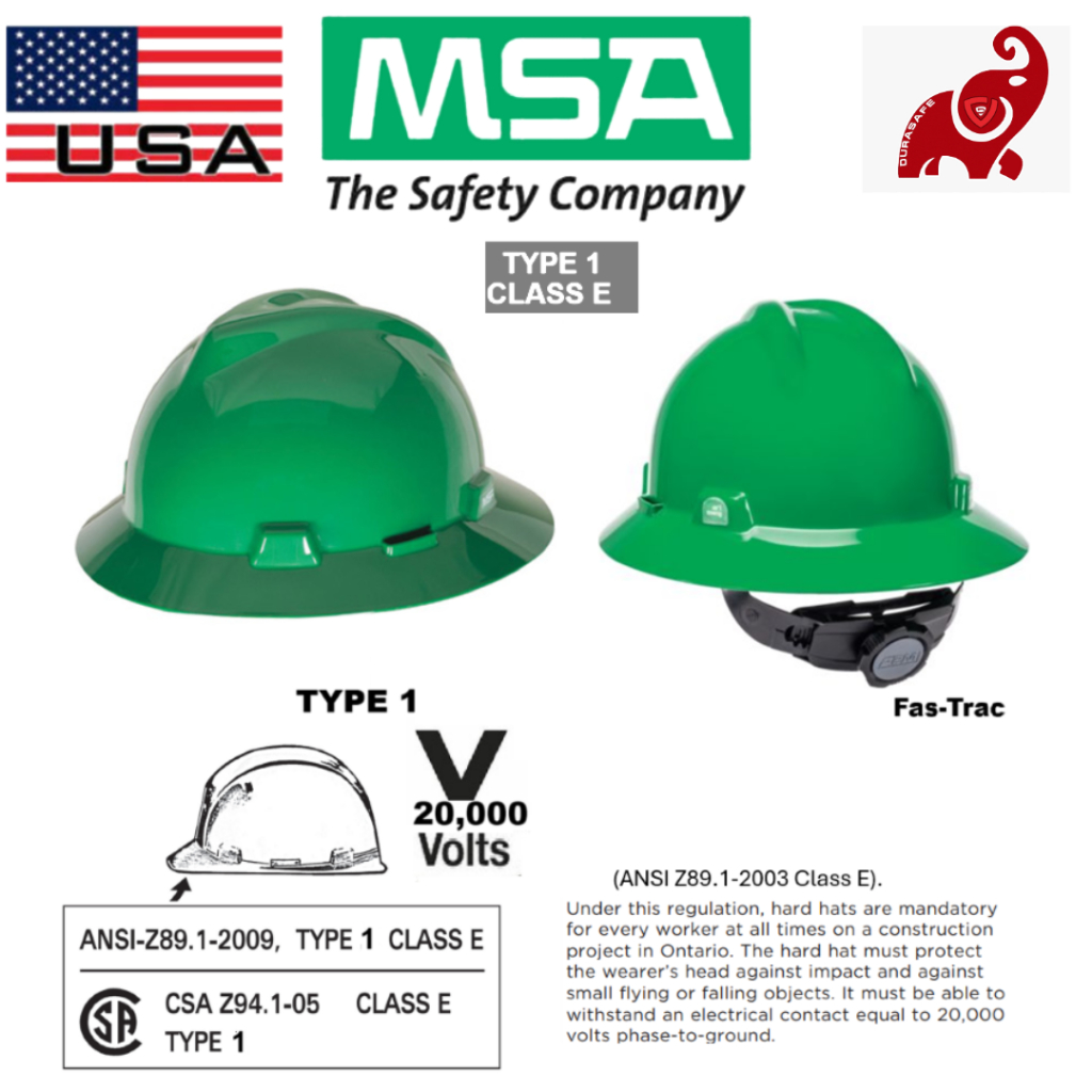 MSA 475370 V-Gard Slotted Safety Hat Full-Brim Fas-Trac Suspension, Standard Size Green