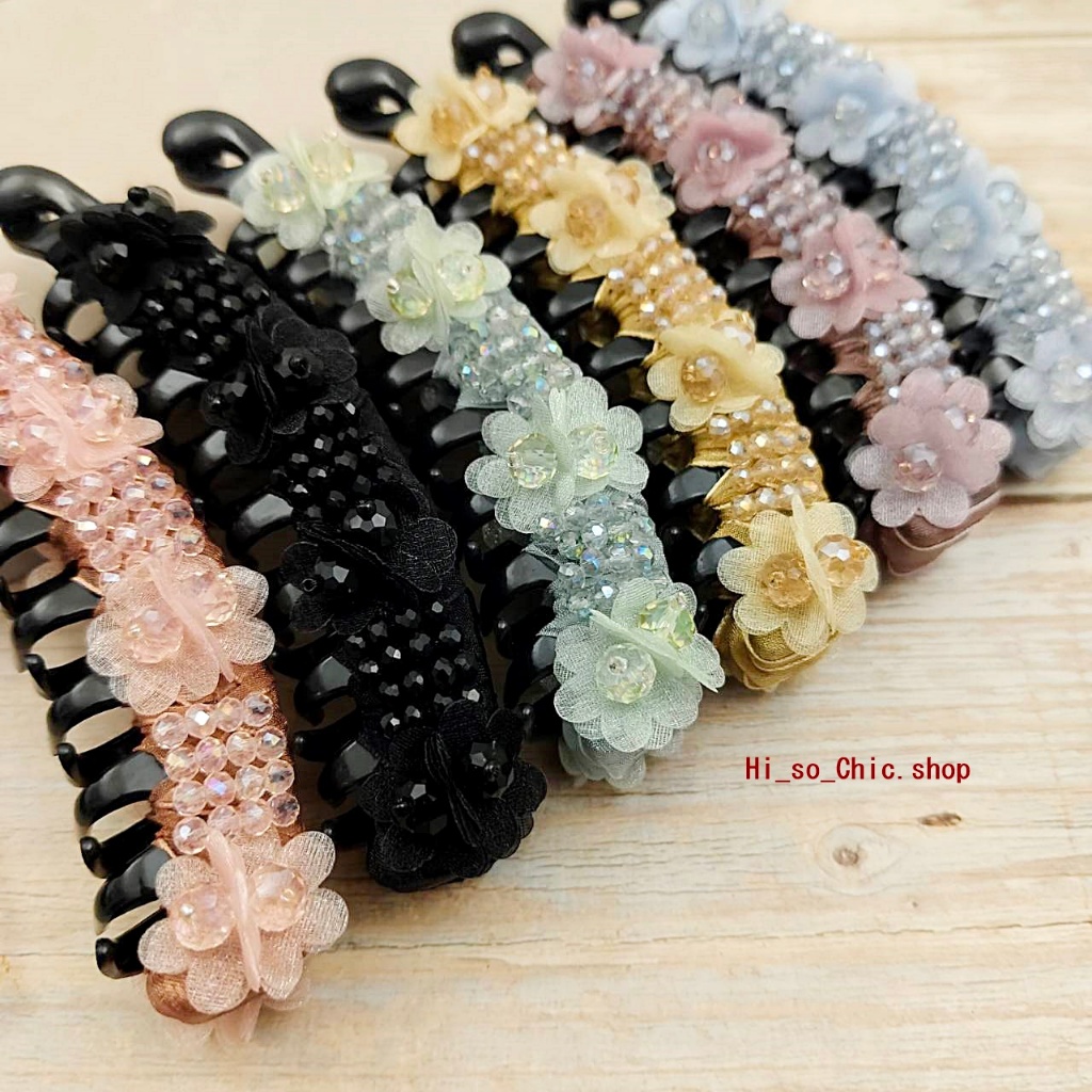 กิ๊บกล้วย งานแฮนด์เมด สำหรับคนผมหนา ยาว 13.5 cm ดอกไม้ผ้า+ลูกปัดคริสตัล (ราคาต่อชิ้น)