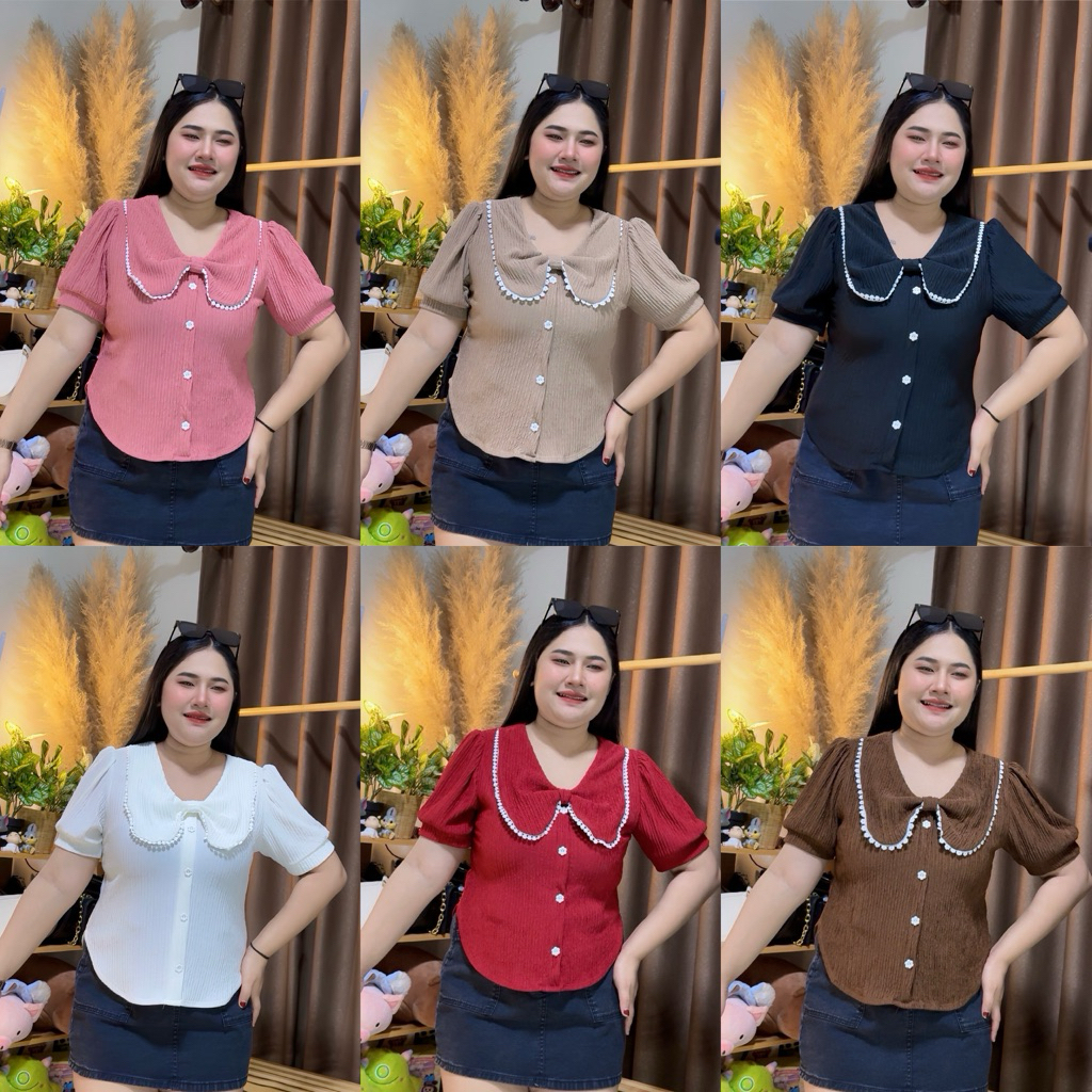 เสื้อสาวอวบ แต่งคอบัวน่ารัก ติดกระดุมหลอกรูปดอกไม้ ใส่ได้ทุกเทศกาล สวยน่ารัก💗  (A60)