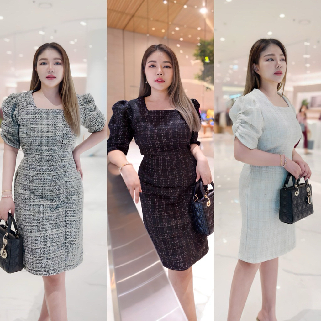 ✨Recommend✨เดรสผ้าทอทวิตชาแนลปักดิ้นทองคอเหลี่ยมใส่แล้วดูแพงมาก#Maisie Shop