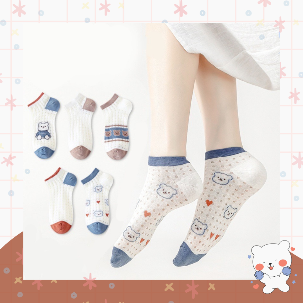 [ส่งจาก กทม.] ถุงเท้าข้อสั้นลายหมี ผ้ารู ไม่อมเหงื่อ เท้าไม่เหม็น ถุงเท้าสีขาว
