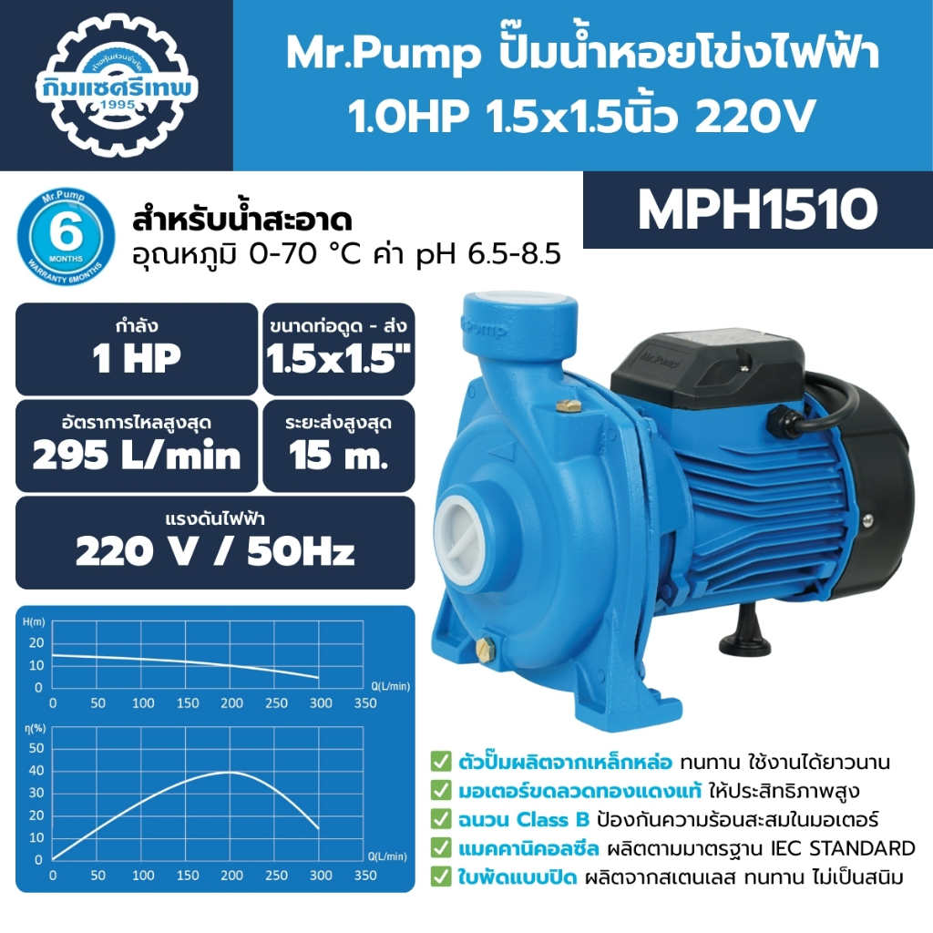 Mr.Pump ปั๊มน้ำหอยโข่งไฟฟ้า 1.0HP 1.5x1.5นิ้ว 220V รุ่น MPH1510