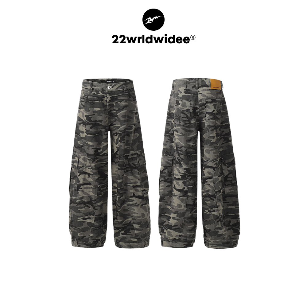 (🔥จัดส่งด่วน 1 วัน!) KR1679 "American retro camouflage workwear jeans" กางเกงยีนส์ลายทหาร ทรงบอลลูน คาร์โก้ เท่มาก