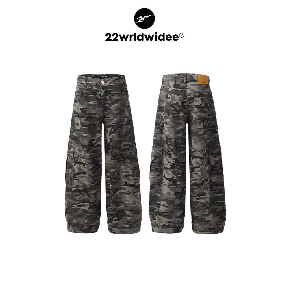 (🔥จัดส่งด่วน 1 วัน!) 22wrldwidee Retro Camouflage Workwear Jeans กางเกงยีนส์ลายทหาร ทรงบอลลูน คาร์โก้(KR1679)