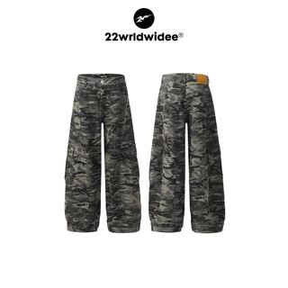 (🔥จัดส่งด่วน 1 วัน!) 22wrldwidee Retro Camouflage Workwear Jeans กางเกงยีนส์ลายทหาร ทรงบอลลูน คาร์โก้(KR1679)