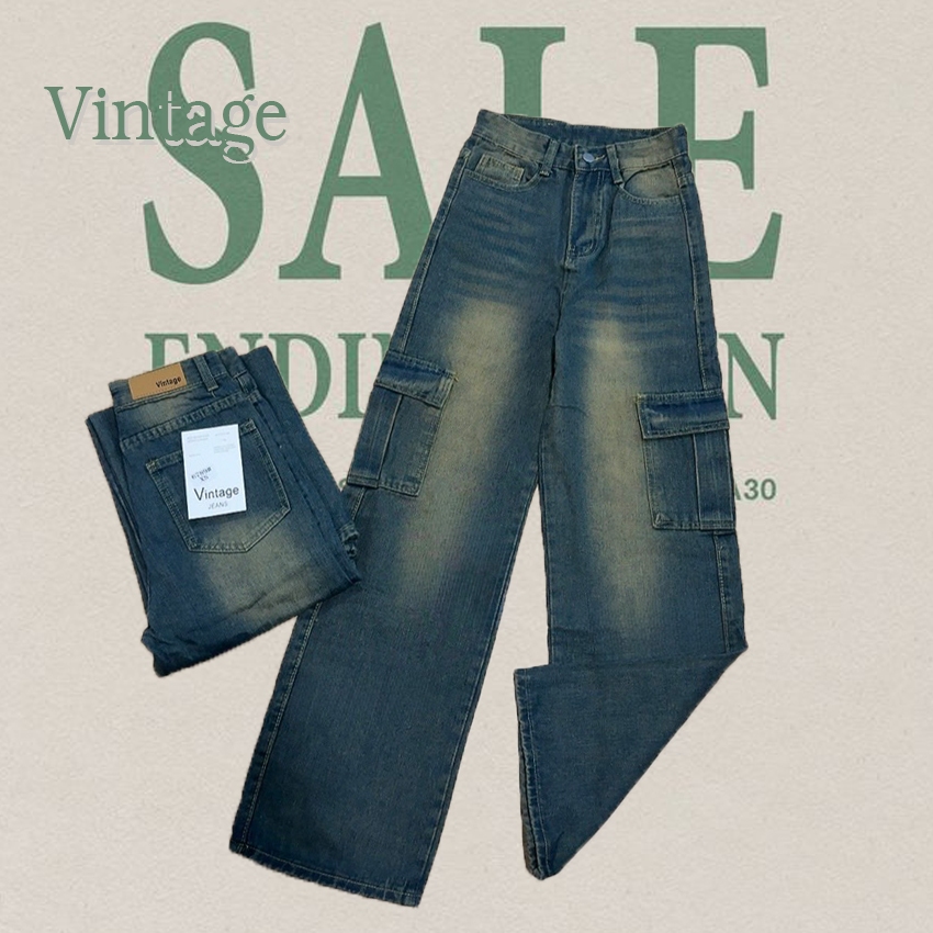 Vintage รุ่น #6551 กางเกงยีนส์ คาร์โก้ ทรงกระบอก สีสนิมเข้ม แต่งเฟดขา ทรงสวยผ้าไม่ยืด กระเป๋าตรง 2 ใบ