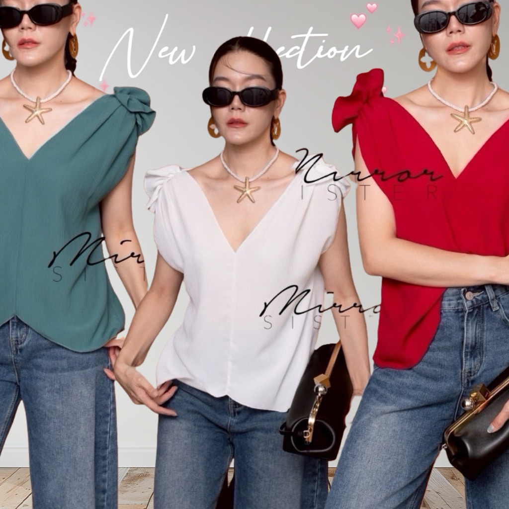 MirrorsisteR 50919.5 • เสื้อแขนกุดคอวี ดีไซน์ไหล่เย็บประดับ ชายเสื้อเย็บV-curve