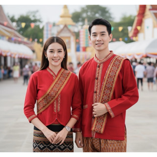เสื้อพื้นเมืองภูไท คู่ ชาย/หญิง สีแดงแต่งลายแถบสีแดง