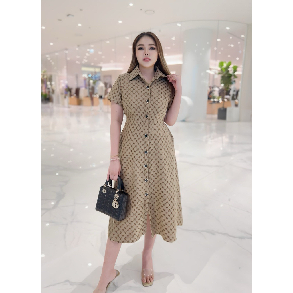 🌸Top Choice🌸เดรสยาวคอปกผ้าทอสีน้ำตาลลายแบรนด์สวยดูแพงมาก#Maisie Shop