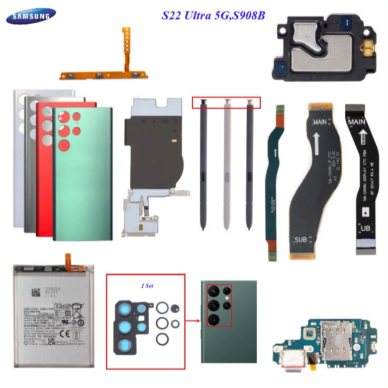 อะไหล่มือถือ Samsung S22 Ultra 5G,S908,S908B/สายแพร/ลำโพงหูฟัง/กระจกเลนส์กล้อง/ฝาหลัง/แบต EB-BS908ABY/ปากกา S-Pen