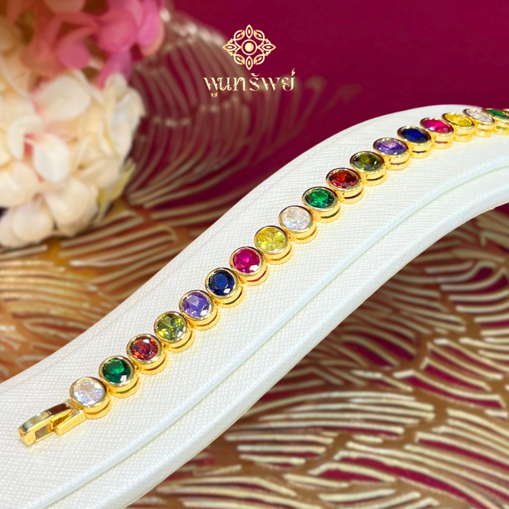 สร้อยข้อมือพลอยนพเก้าทรงรี รอบเส้น เครื่องประดับไทย พูนทรัพย์ มีใบรับประกัน HD20H300
