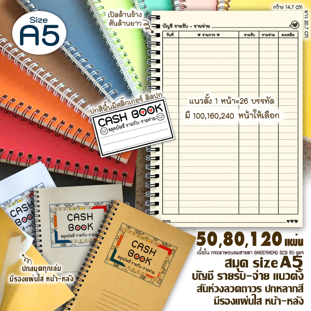 ⭕สมุดบัญชี รับ-จ่าย A5 (เล่มเล็ก) แบบ แนวตั้งเปิดข้าง  50  80  120แผ่น ⭕สันห่วงลวด ปกหลากสี+มีแผ่นใส