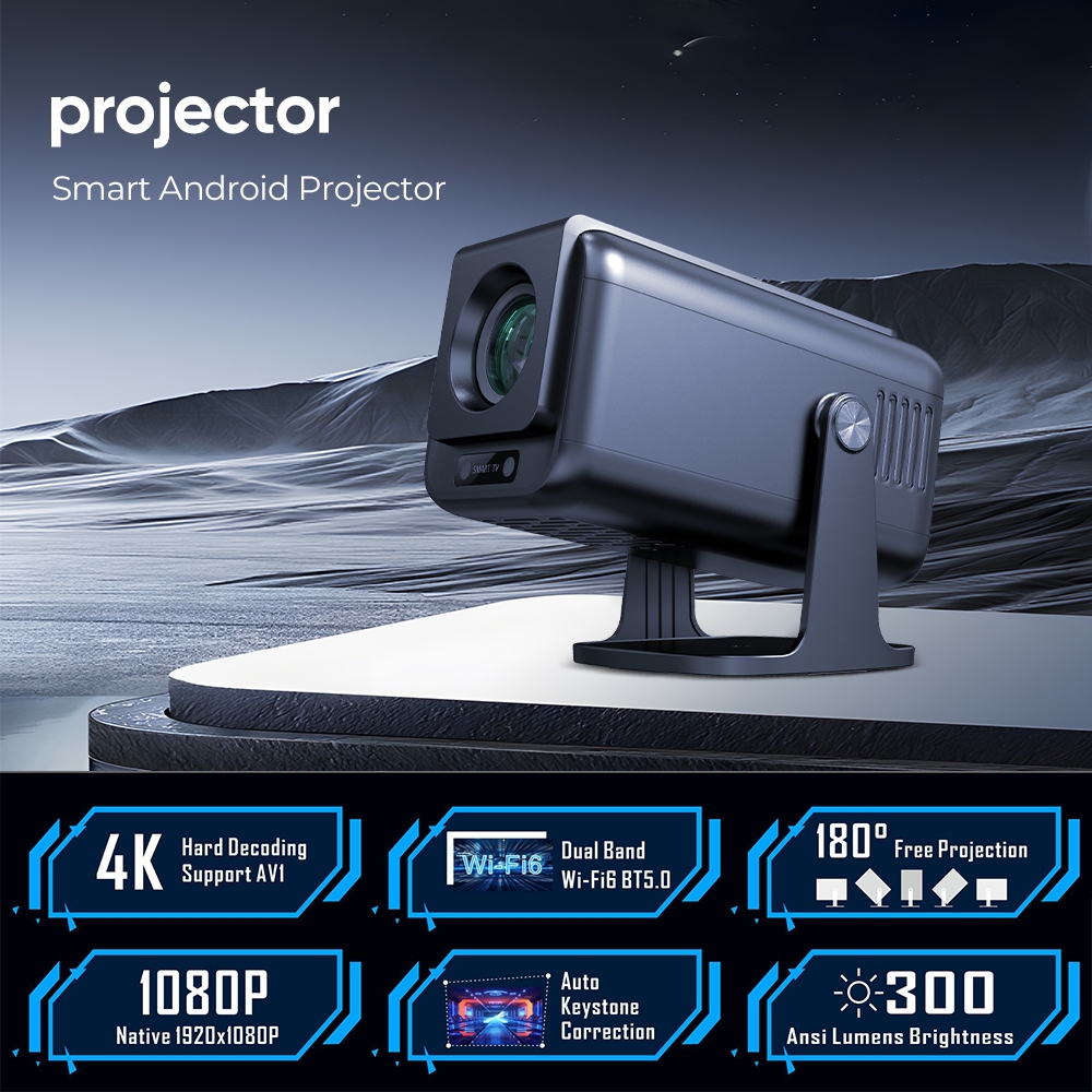 สมาร์ทโปรเจคเตอร์ 4K 1080P 500ANSI Android13 Media Center Amlogic 950S Quad Cortex-A53 WiFi6 BT5.0 H