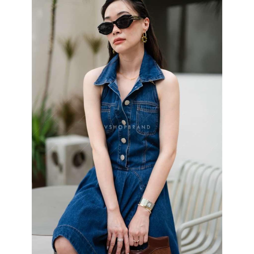 🌟 มินิเดรสยีนส์คล้องคอเว้าหลัง 4086-1 (vs)🌟