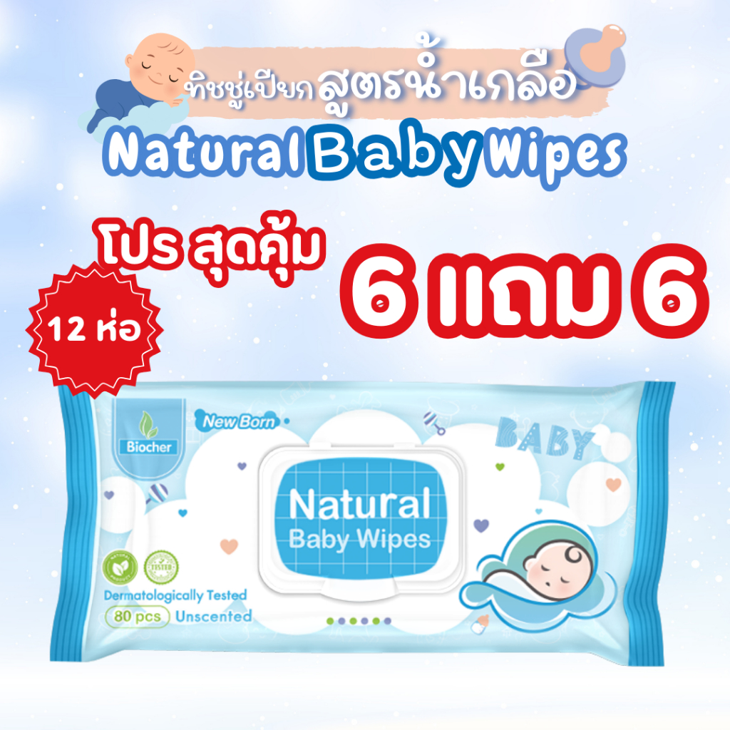 ทิชชู่เปียกสูตรน้ำเกลือ ขนาด 80 แผ่น เซตคู่ 6 แถม 6 (12 ห่อ)