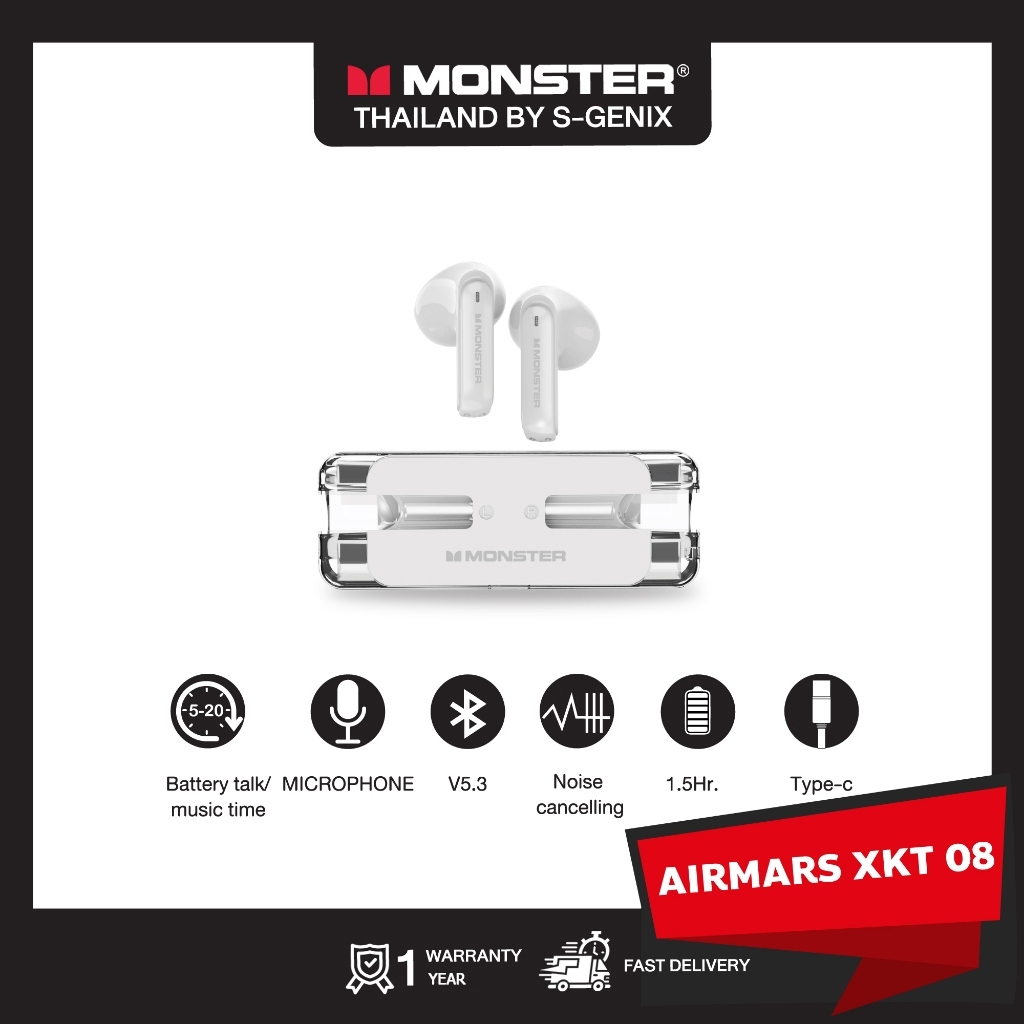 【10.10 ฟรี! Sticky Pad】MONSTER หูฟังบลูทูธไร้สาย รุ่น XKT08 - สีขาว - รับประกัน 1 ปี