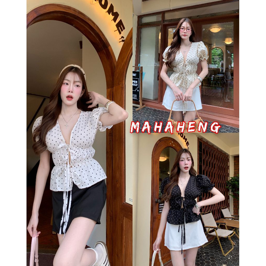 💰MahahengCloset💰เสื้อคอวีลายจุด แขนตุ๊กตา ผูกโบว์หน้า แนวหวานละมุนก็มี สีดำลุคเซ็กซี่ก็เริ่ศ💕