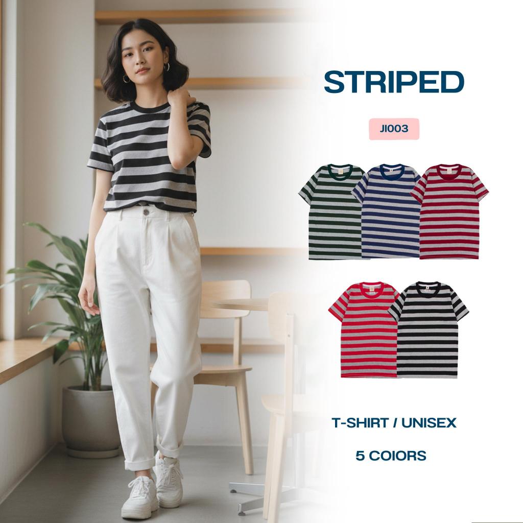เสื้อยืดริ้ว JI003 เสื้อคู่ลายทาง ริ้วสวย สีสดใส เนื้อผ้าคอตตอน ใส่สบาย สินค้าพร้อมส่ง