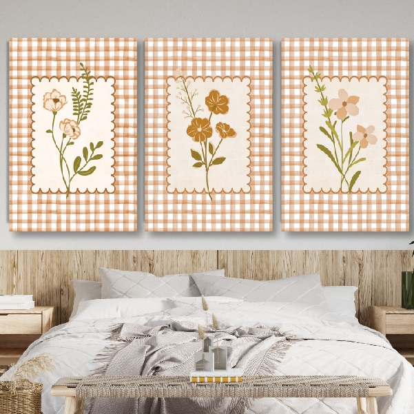Flower Tartan-ภาพแต่งบ้านกรอบลอย ภาพพิมพ์แคนวาสขึงเฟรมไม้