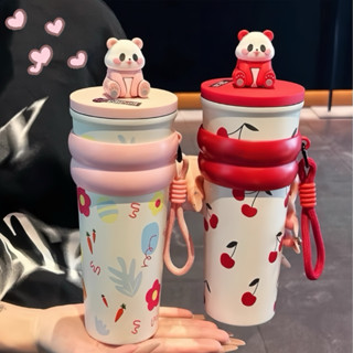 การ์ตูนแพนด้า แก้วน้ำสแตนเลส 700 มล 304 มีหลอด ถ้วยเก็บความร…