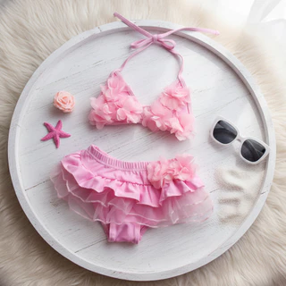 Babyonline(Y493)L2 (ส่งด่วน1วัน)ชุดว่ายน้ำสำหรับเด็กผู้หญิง2ชิ้นแบบผูกเชือกแต่งลายดอกไม้น่ารักสดใส