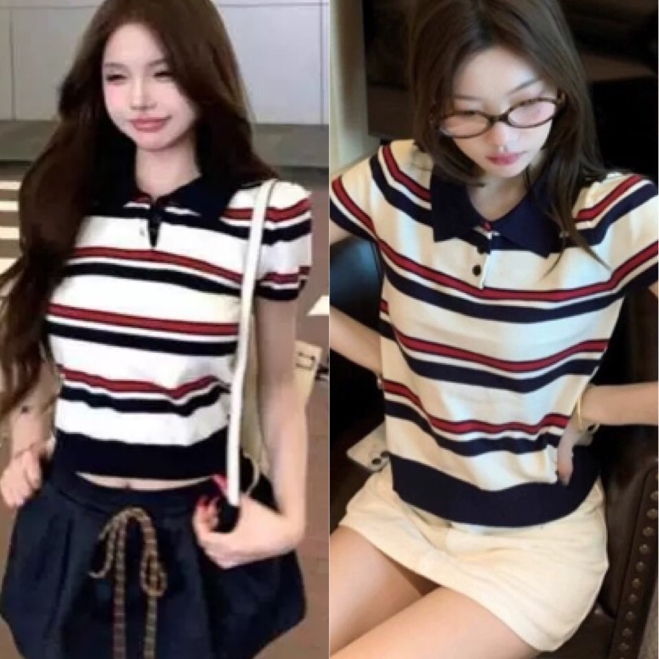 เสื้อแขนสั้นโปโลผ้าไหมพรมคอปกลายทางขาวแดง กระดุม สวยดูแพง เกาหลี เกาใจ ใส่สบายๆ ไม่ร้อนค่า