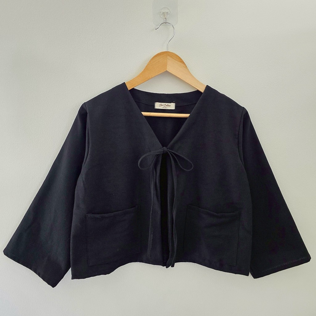 เสื้อคลุมแขนยาว (คอวี) ผูกโบว์ สไตล์มินิมอล