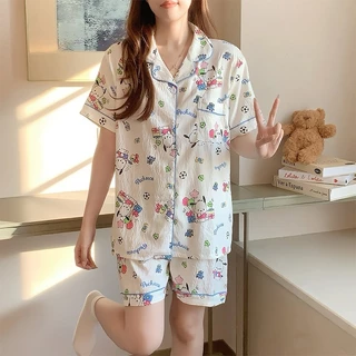 💙ชุดนอนผ้าไหมญี่ปุ่น เนื้อผ้าบางเบาใส่สบายไม่ร้อน ผ้านุ่ม คาร์ดิแกนแขนสั้น+กางเกงขาสั้น ผ้าฝ้ายลายเมฆ L-4XL | พร้อมส่ง