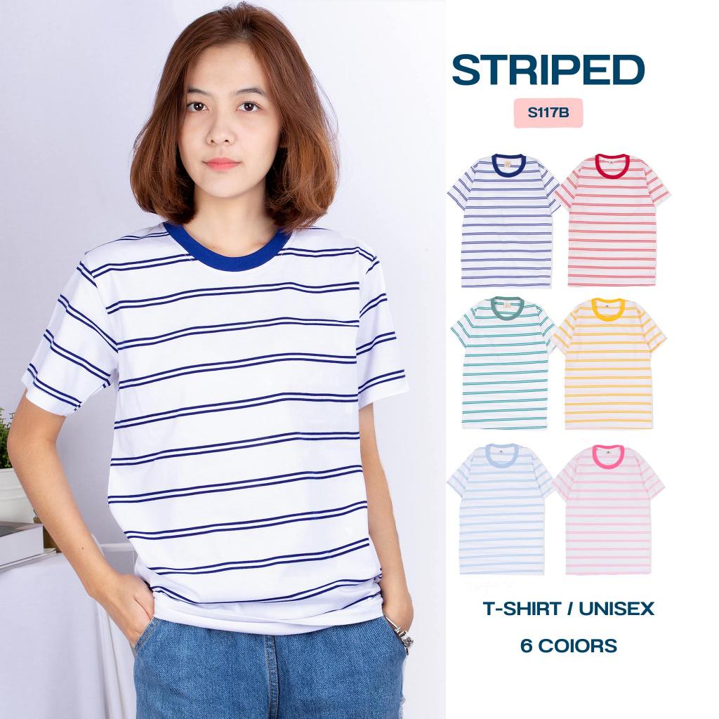 เสื้อยืดลายทาง S117B แขนสั้น สไตล์มินิมอล ผ้าคอตต่อนเนื้อนุ่ม ทรง Unisex เสื้อยืดริ้ว
