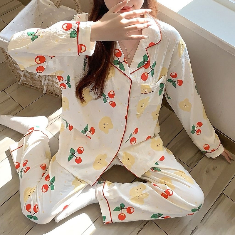 💛ชุดนอนผ้าไหมญี่ปุ่น เนื้อผ้าบางเบาใส่สบายไม่ร้อน ผ้านุ่ม เสื้อแขนยาว+กางเกงขายาว ผ้าฝ้ายลายเมฆ L-4XL - รูปที่ 3