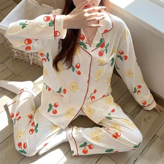💛ชุดนอนผ้าไหมญี่ปุ่น เนื้อผ้าบางเบาใส่สบายไม่ร้อน ผ้านุ่ม เสื้อแขนยาว+กางเกงขายาว ผ้าฝ้ายลายเมฆ L-4XL