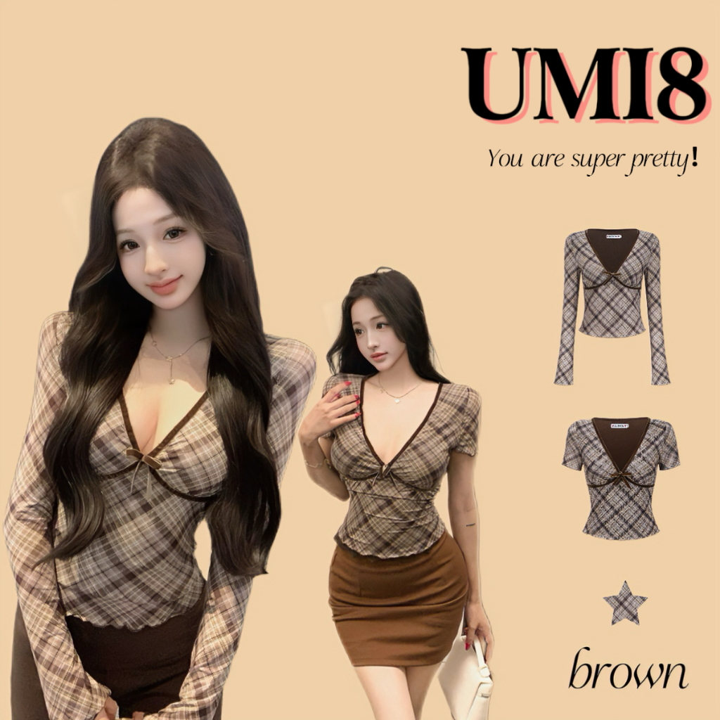 UMI8 【ในสต็อก】 เสื้อยืดคอวีแขนยาวและสั้นลายสก็อตสไตล์อเมริกันสำหรับผู้หญิง ขายดีในช่วงฤดูร้อน