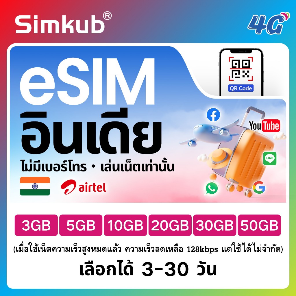 eSIM India ซิมท่องเที่ยว อินเดีย เน็ต 3-20GB รองรับ 4G เลือกได้ 3-30 วัน
