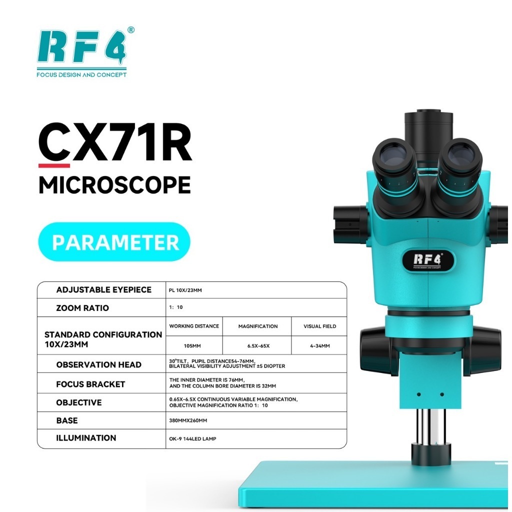RF4 CX71R Trinocular Stereo Industrial Microscope กำลังขยายสูงสุด 65X พร้อมการซูมต่อเนื่อง