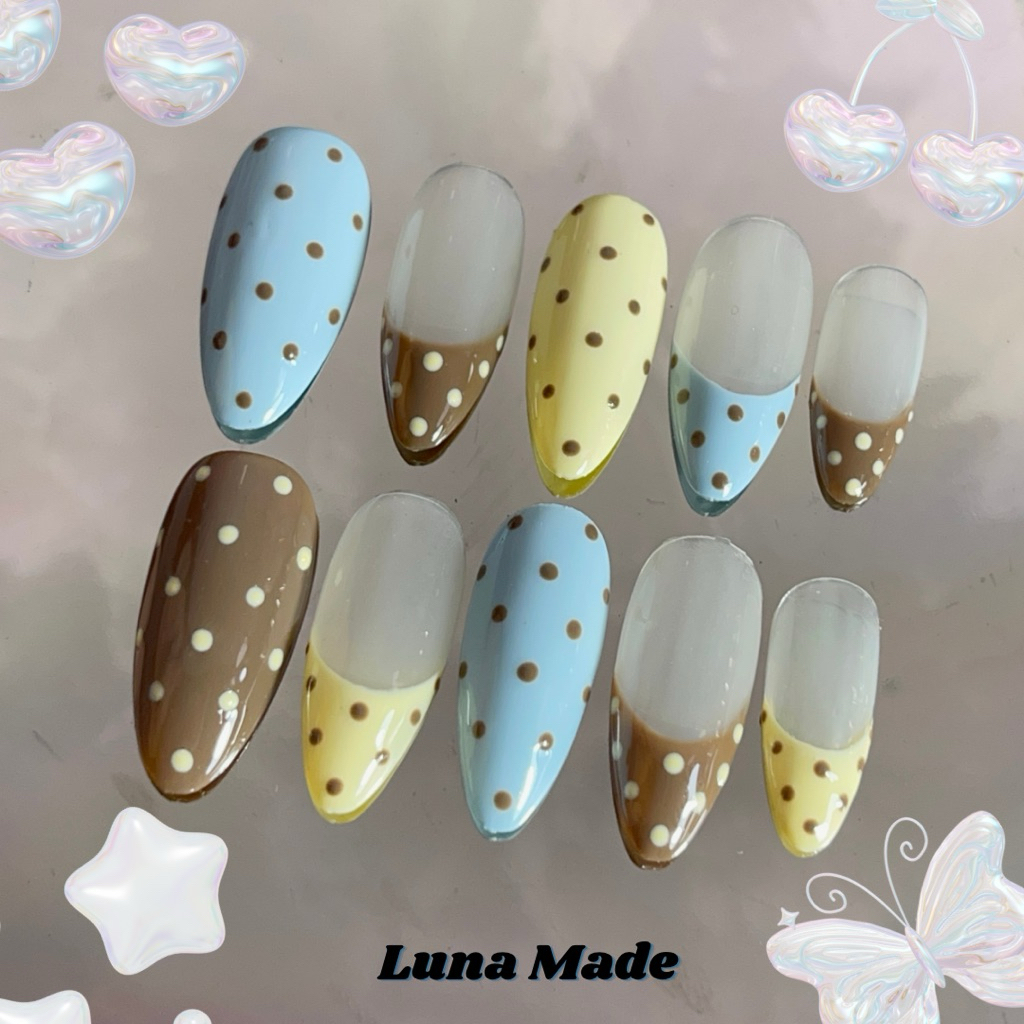LUNAMADE เล็บเจลปลอมสำเร็จรูป เจลแท้ ลายจุด Polkadot เหลือง ฟ้า น้ำตาล เลือกขนาดได้ กรุณาวัดไซส์ก่อนสั่ง