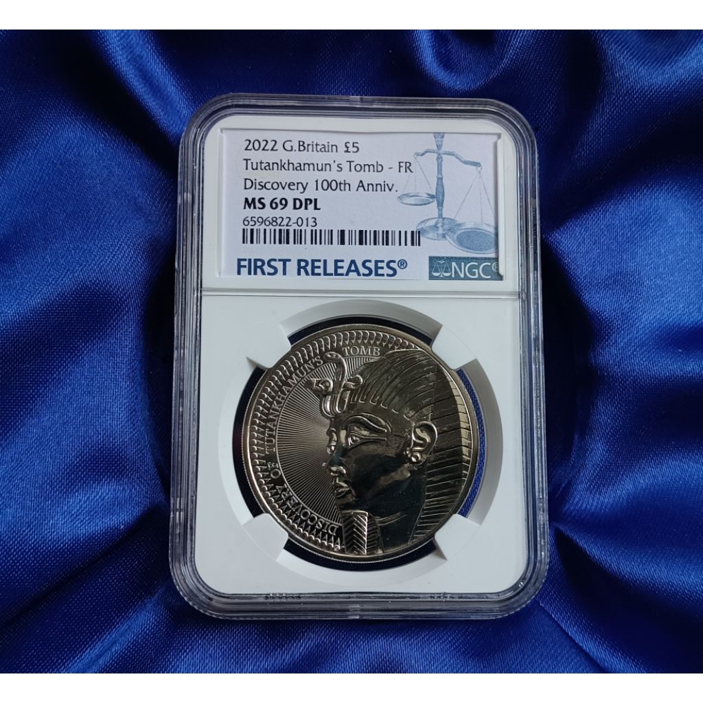เหรียญเกรด NGC MS 69 DPL-First Releases- G.Britain 5 Pounds Tutankhamun's Tomb -FR Discovery 100th A