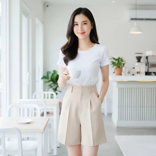 New!! กางเกงขาสั้นผ้าโซดา ยาว17-18นิ้ว รุ่นจีบเดี่ยว เอวสูงปี๊ด ตะขอหน้า ทรงสวยใส่สบาย