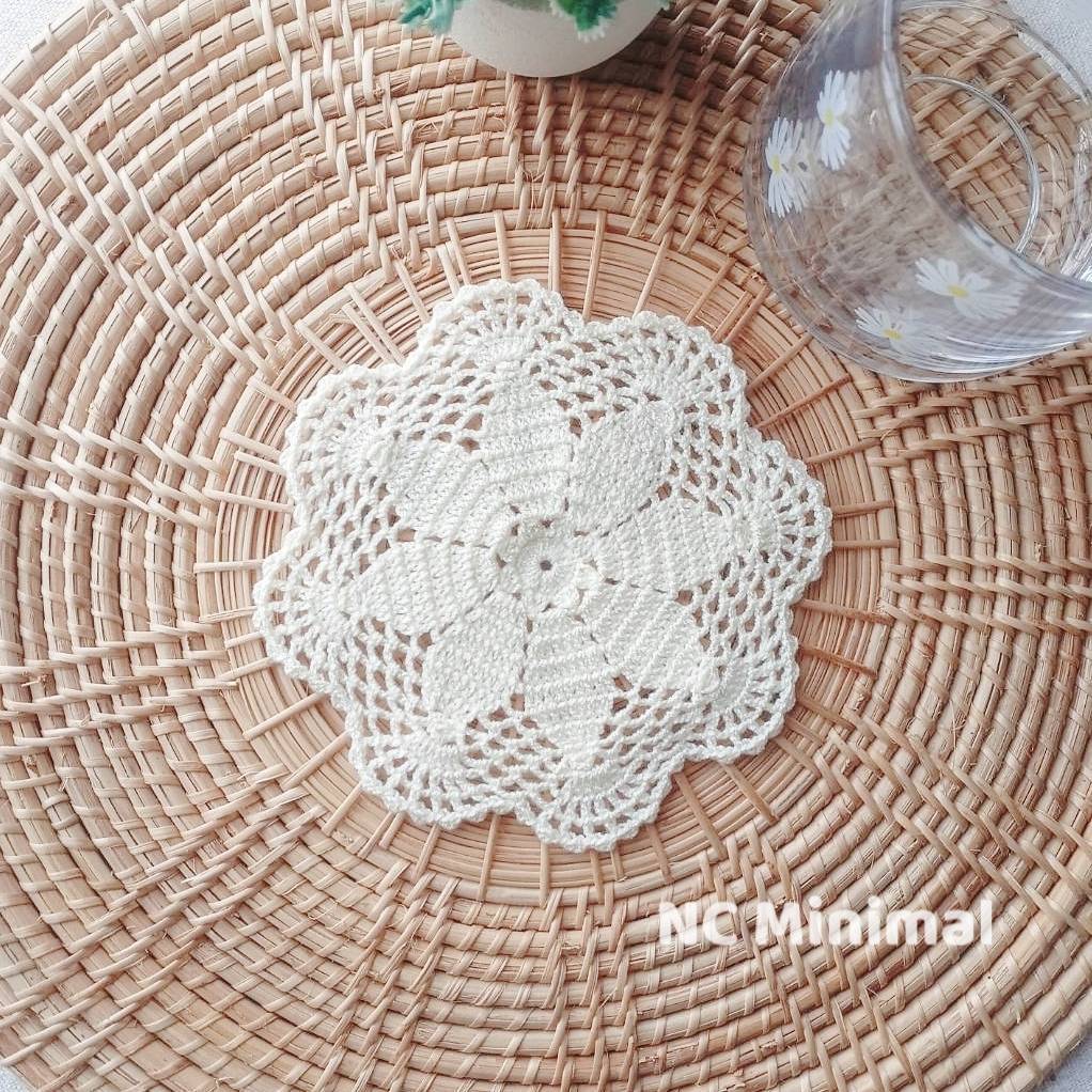 NC Minimal NCC1007S-B Crochet Coaster Indian Cork 5" 🚚พร้อมส่ง ที่รองแก้ว ผ้าฝ้าย ถักโครเชต์ ลายดอกไม้ ขนาด 5 นิ้ว