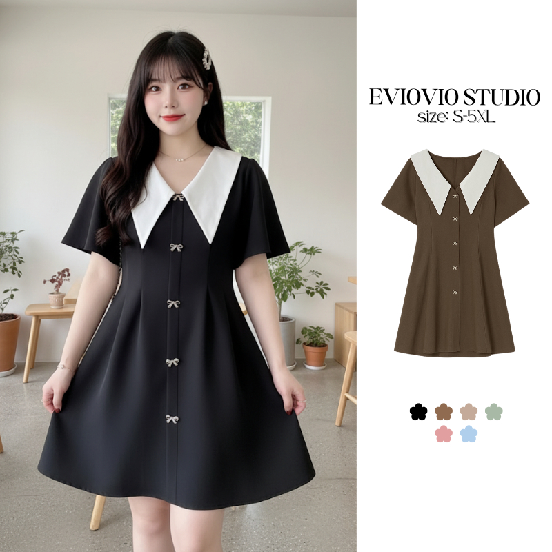 【EVIOVIO】S-5XL เดรสแฟชั่น ทรงเข้ารูป กระดุมโบว์ คอปกใหญ่ พรางหุ่น เดรสออกงาน เดรสสาวอวบ พลัสไซส์
