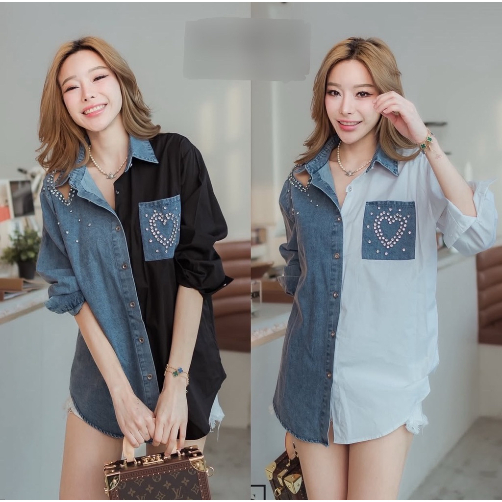 เสื้อเชิ้ตยีนส์ แต่งลายหัวใจอะไหล่เพรช ผ้าคอตตอน&ผ้ายีนส์ 5639