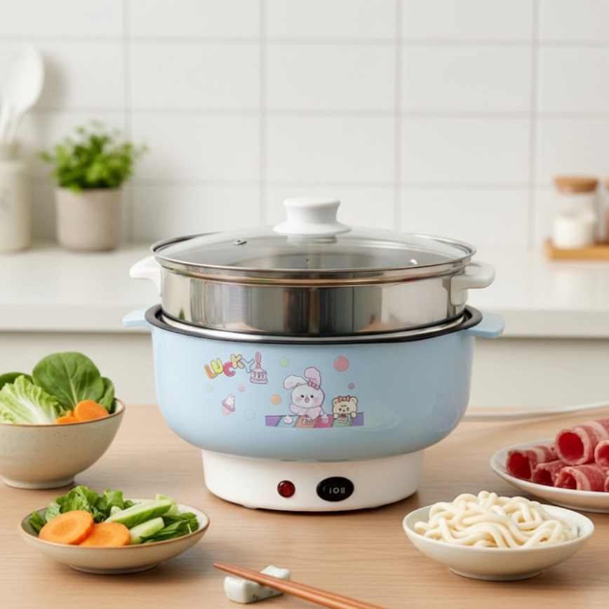 หม้อไฟฟ้า 22 CM หม้อสุกี้ ทอด อุ่น ต้ม หม้อเทฟล่อนแบบไม่มีซึ้ง