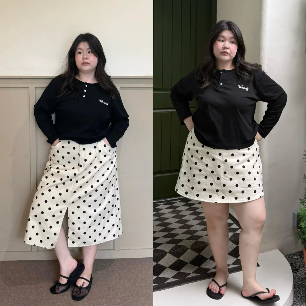 Polka Dot Skirt กระโปรงลายจุดผ้ายีนส์ครีม ห้ามเผื่อไซส์อ่ายรายละเอียดก่อนสั่ง มีสั้นและยาว wendystore19