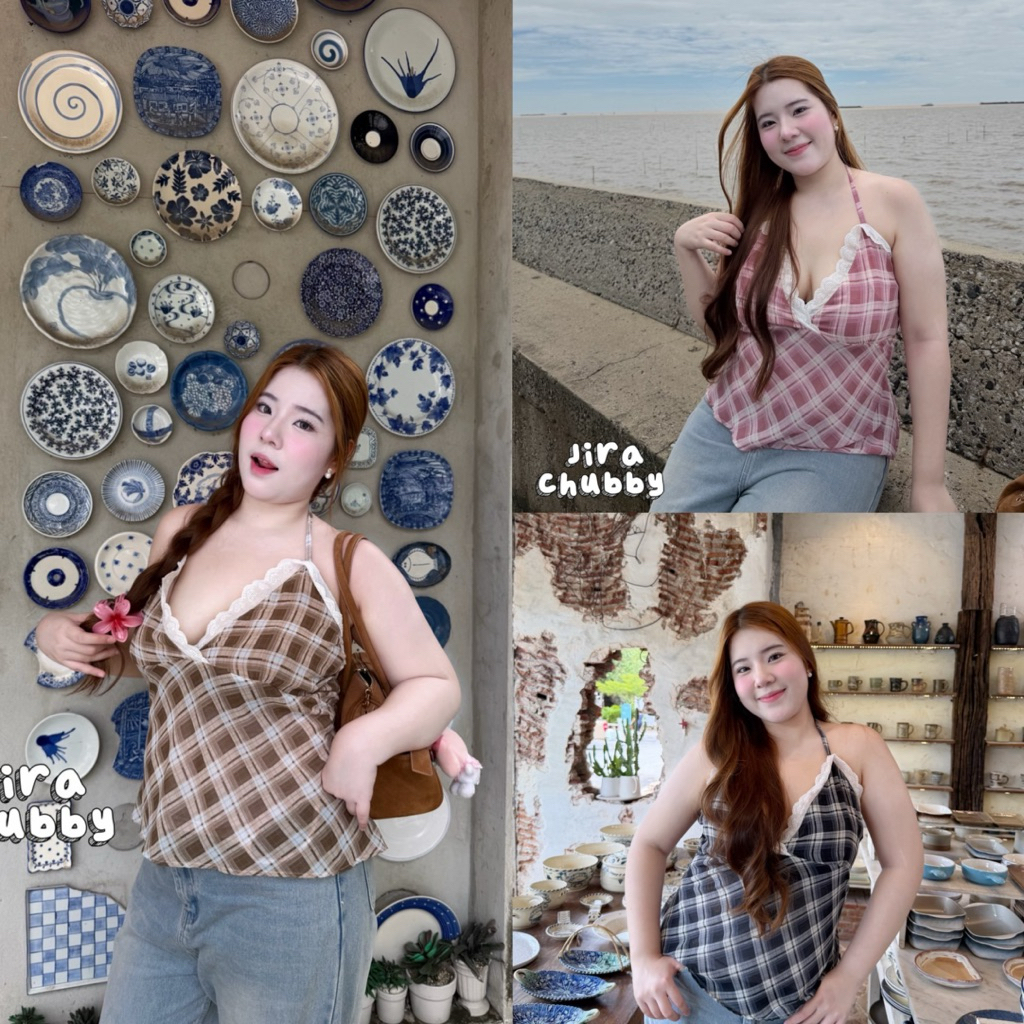 Lila Top - เสื้อคล้องคอลายสก็อตแต่งลูกไม้ ฟรีไซส์ อก38-52 นิ้ว สาวอวบ ไซส์ใหญ่