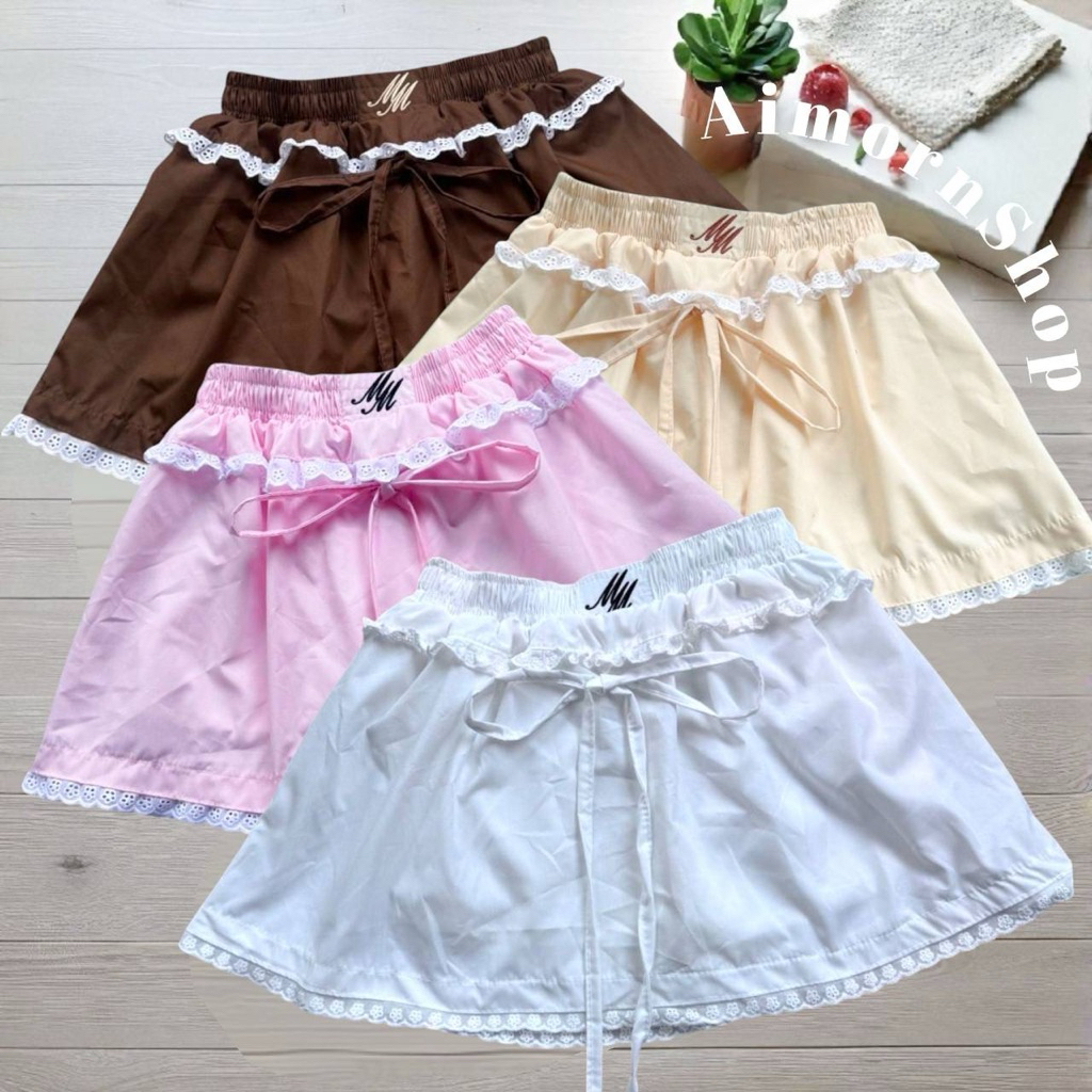 🔥aimorn_shop🔥กระโปรงเอวสม็อคลายปัก แต่งขอบลูกไม้ ผูกโบว์ด้านหน้า มีซับใน ผ้าคอตตอน งานสวยมาก