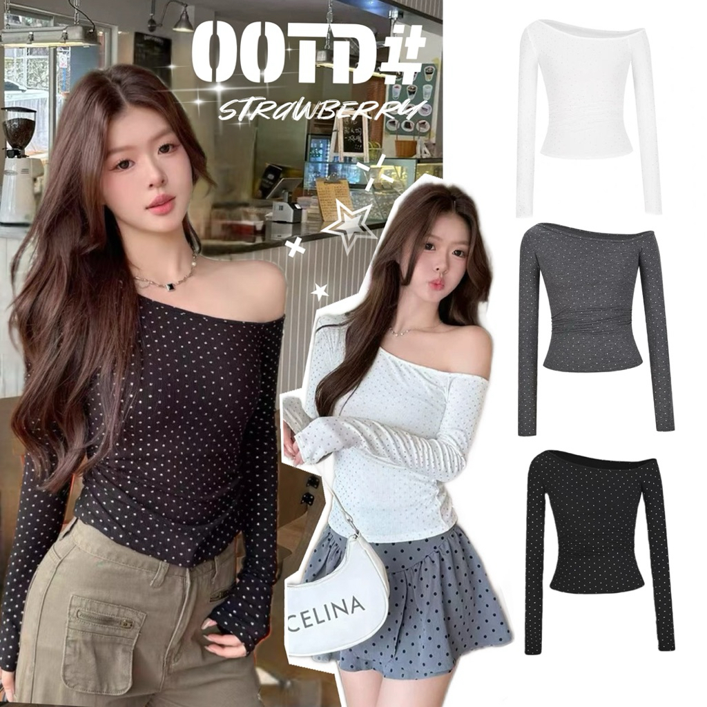 STR พร้อมส่ง🧸🎀เสื้อยืดแขนยาว เสื้อปาด​ไหล่ ทรงรัดรูป ติดเพชรสะท้านแสงทั้งตัวแต่งตัวง่าย เรียบง่ายแฟนชั้นผู้หญิง สุดฮิต